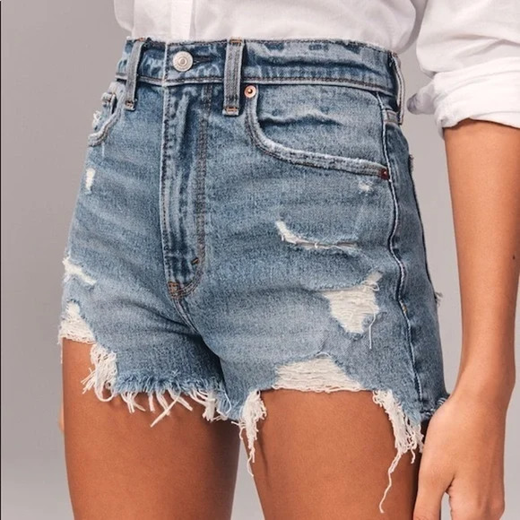 Abercrombie & Fitch Pants - Abercrombie & Fitch Curve Love Mom Shorts 29 Blue High Rise Distressed Raw Hem